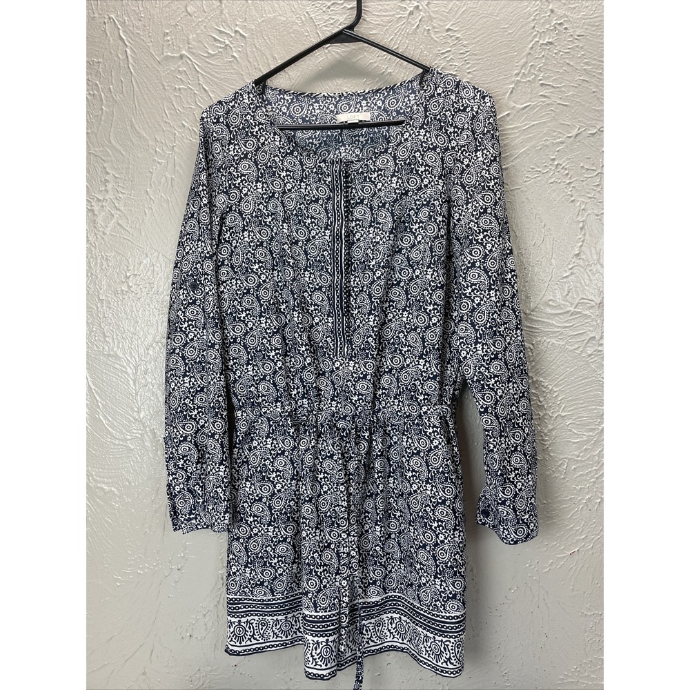 Ann Taylor LOFT Romper Shorts Long Sleeve Roll Up Navy White Print Womens Size 0